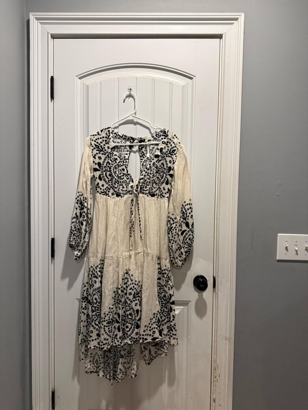 Anthropologie Cream Dress with Black Print Tie-Neck Mini